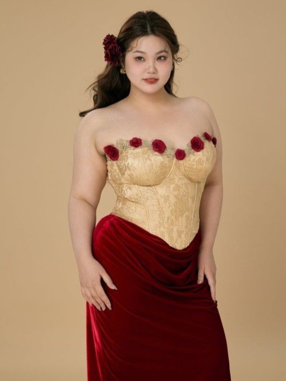 Gold Brocade Strapless Bustier with Red Rose Trim - Women Intimates